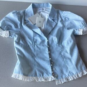 Peppermayo Blue and White Striped Puff Sleeve Button-Up Top